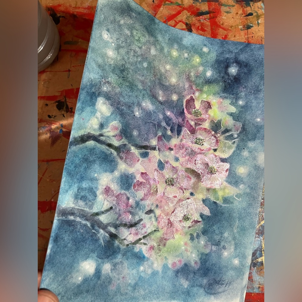 Original dogwood painting blossoms Art deco floral nature decor Artettina USA - Picture 4 of 8